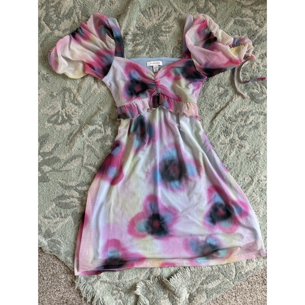 Topshop Multicolor Mesh Puff Sleeve Mini Fit & Flare Dress Floral US 4-6